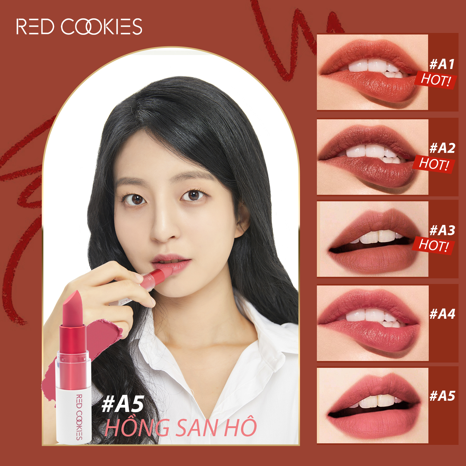 Son Thỏi Lì Marshmallow Powder Lipstick Red Cookies Hàn Quốc - Màu A5 Hồng San Hô