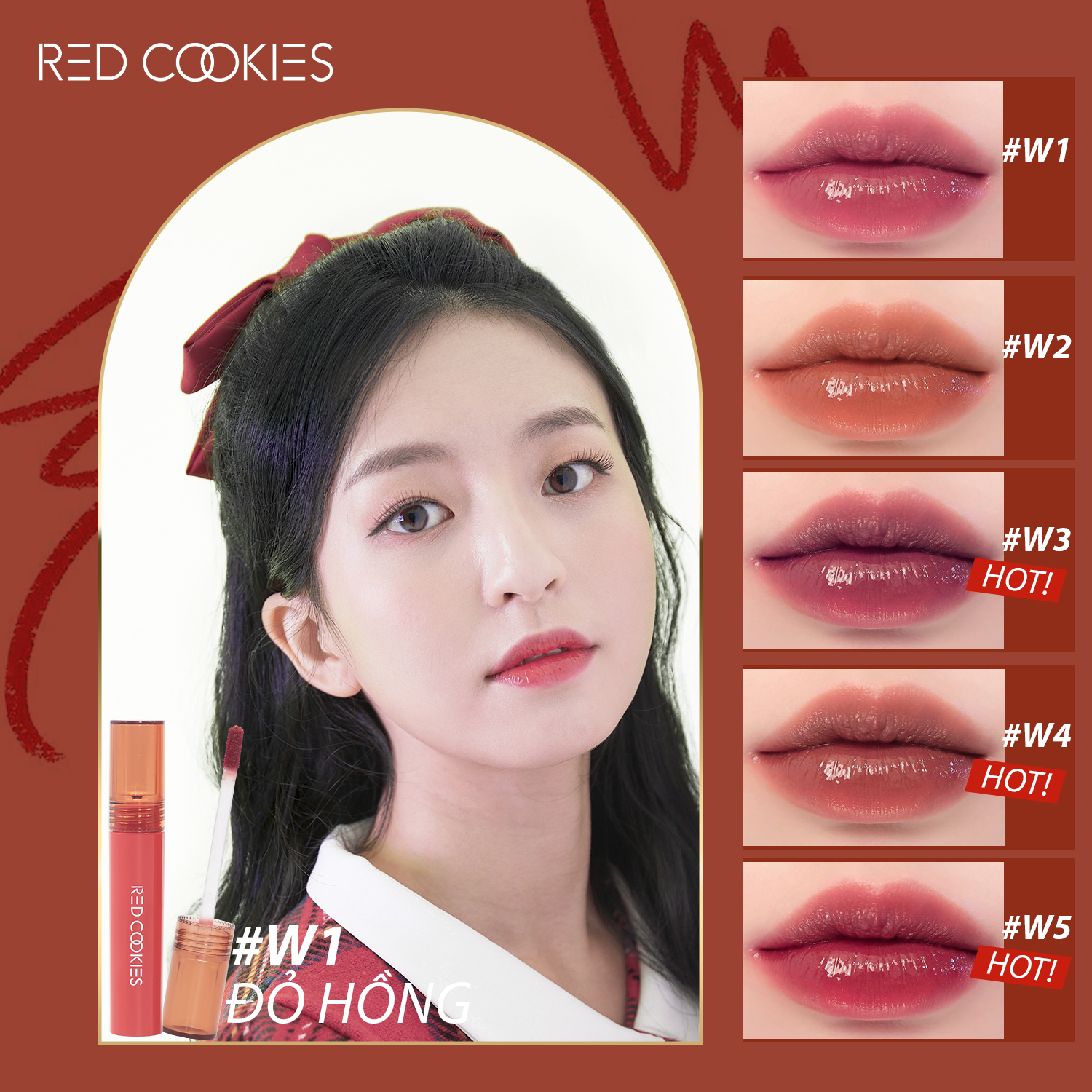 Son Bóng Red Cookies Glow Water Wrap Tint Hàn Quốc Màu W1 - Đỏ Dâu